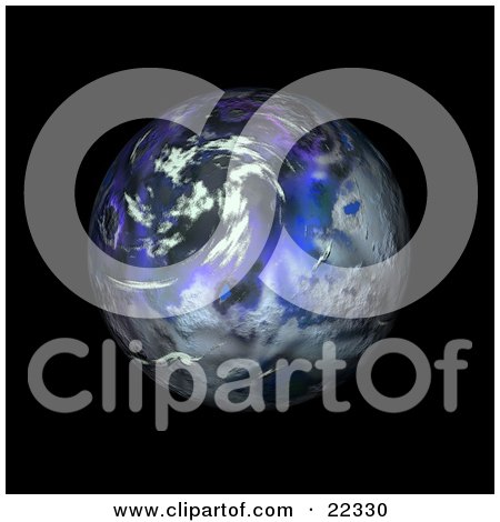 Clipart Illustration of a Fictional Blue And Purple Planet With Clouds, Spinning In The Dark Black Night Of Space by KJ Pargeter