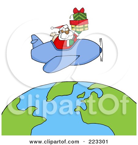 Royalty-Free (RF) Clipart Illustration of a Black Santa Flying A Plane And Holding Gifts Above The Globe by Hit Toon