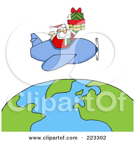 Royalty-Free (RF) Clipart Illustration of a Caucasian Santa Flying A Plane And Holding Gifts Above The Globe by Hit Toon