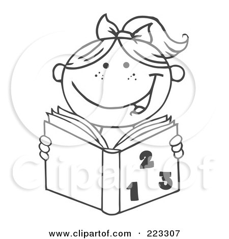 Royalty-Free (RF) Clipart Illustration of a Coloring Page Outline Of A Girl Reading A Math Book by Hit Toon
