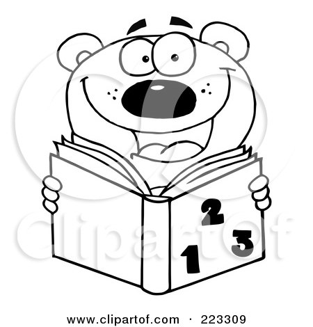 Royalty-Free (RF) Clipart Illustration of a Coloring Page Outline Of A School Bear Reading A Math Book by Hit Toon