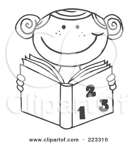 Royalty-Free (RF) Clipart Illustration of a Coloring Page Outline Of A School Girl Reading A Math Book by Hit Toon