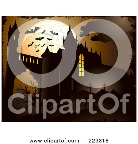 Royalty-Free (RF) Clipart Illustration of a Bats Flying Against A Full Moon Over A Cemetery And Castle Ruins by Eugene