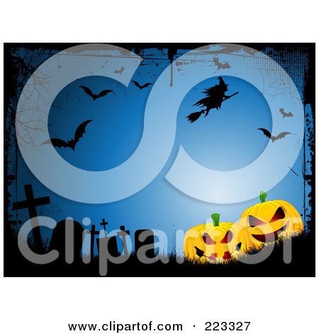 Royalty-Free (RF) Clipart Illustration of a Halloween Background Of Spooky Jackolanterns With Tombstones, A Witch, Web And Bats On Blue, With Black Grunge Borders by KJ Pargeter