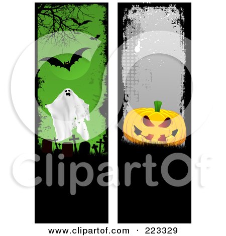 Royalty-Free (RF) Clipart Illustration of a Digital Collage Of Two Grungy Ghost, Cemetery And Pumpkin Vertical Borders by KJ Pargeter