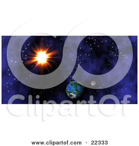 Clipart Illustration of a Fictional Layout Of The Bright Sun, Earth And The Moon In The Dark Blue Night Of Starry Space by KJ Pargeter