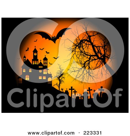Royalty-Free (RF) Clipart Illustration of a Halloween Background Of Bats Flying Over A Cemetery And Haunted House With A Bare Tree On Black And Orange by KJ Pargeter