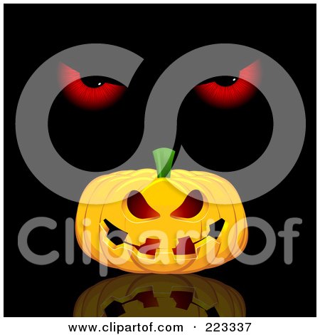 Royalty-Free (RF) Clipart Illustration of a Halloween Background Of Demonic Eyes Ove Ra Jackolantern On Reflective Black by KJ Pargeter