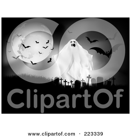 Royalty-Free (RF) Clipart Illustration of a Spooky Ghost By A Full Moon With Vampire Bats Above A Cemetery by KJ Pargeter