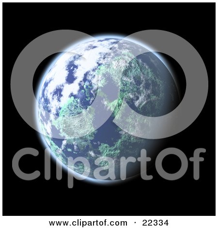 Clipart Illustration of a Fictional Planet Earth With Blue Oceans, White Clouds And Green Continents, Glowing In The Blackness Of Space by KJ Pargeter