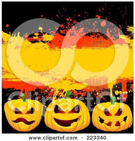 Royalty-Free (RF) Clipart Illustration of a Halloween Background Of Three Spooky Jackolanterns Over Black With Orange And Red Grunge by KJ Pargeter