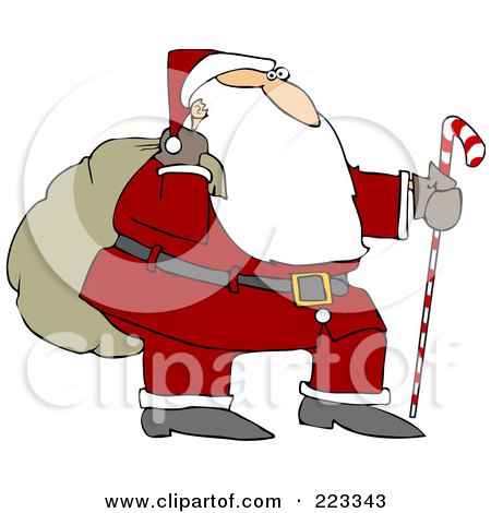 Royalty-Free (RF) Clipart Illustration of Santa Trekking With A Candy Cane Stick And Carrying A Sack On His Shoulder by djart