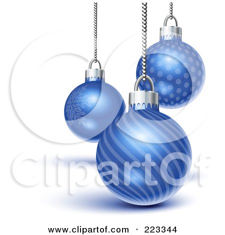 Royalty-Free (RF) Clipart Illustration of Three Blue Snowflake, Line And Dot Patterned Christmas Ornaments Suspended From Silver Chains by Oligo