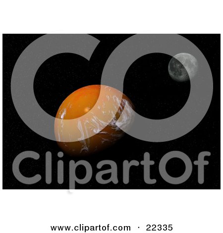 Clipart Illustration of a Fictional Orange Planet With White Whispy Clouds, In The Dark Black Night Of Space With The Moon In The Distance by KJ Pargeter