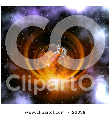Clipart Illustration of a Fictional Orange Planet With White Clouds And Continents, Surrounded By A Bright Vortex Of Light In A Misty Starry Sky, Exploding by KJ Pargeter