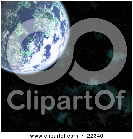 Clipart Illustration of a Fictional Planet Earth With Green Continents, Blue Oceans And White Clouds, In The Upper Left Corner Over A Green Misty Starry Night Sky by KJ Pargeter
