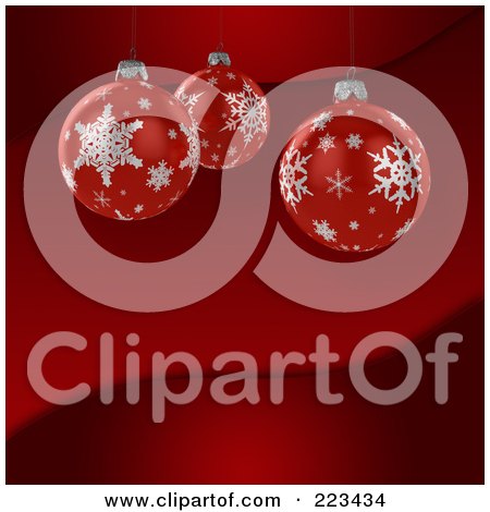 Royalty-Free (RF) Clipart Illustration of 3d Red Snowflake Christmas Bauble Ornaments Over A Red Wave Background by stockillustrations