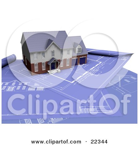 Clipart Illustration of a Custom Two Story Residential Home Resting On Top Of Blueprints by KJ Pargeter