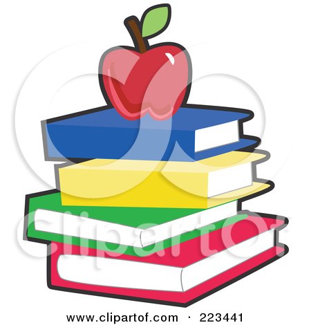 Royalty-Free (RF) Clipart Illustration of a Red Apple On A Stack Of Blue, Yellow, Green, And Red Books by peachidesigns