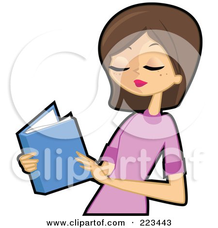 Royalty-Free (RF) Clipart Illustration of a Brunette Woman Reading A Blue Book by peachidesigns