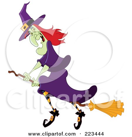 Royalty-Free (RF) Clipart Illustration of a Green Witch In A Purple Dress And Striped Stockings, Flying On A Broomstick by yayayoyo