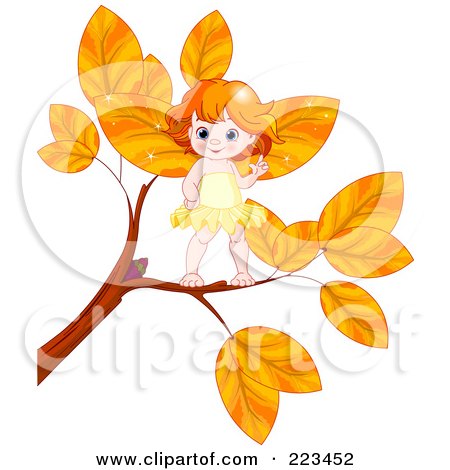 Royalty-Free (RF) Clipart Illustration of a Cute Baby Fairy On An Autumn Branch by Pushkin