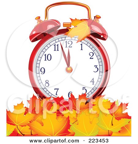 Royalty-Free (RF) Clipart Illustration of a Red Alarm Clock In A Pile Of Autumn Leaves by Pushkin