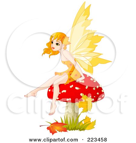 Royalty-Free (RF) Clipart Illustration of an Autumn Fairy Sitting On A Red Mushroom by Pushkin