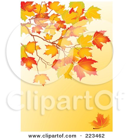 Royalty-Free (RF) Clipart Illustration of a Background Of Autumn Leaves On A Branch Over Orange by Pushkin