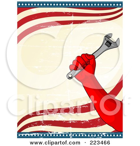Royalty-Free (RF) Clipart Illustration of a Labor Worker's Hand Holding Up A Wrench Over A Grungy American Background by Pushkin