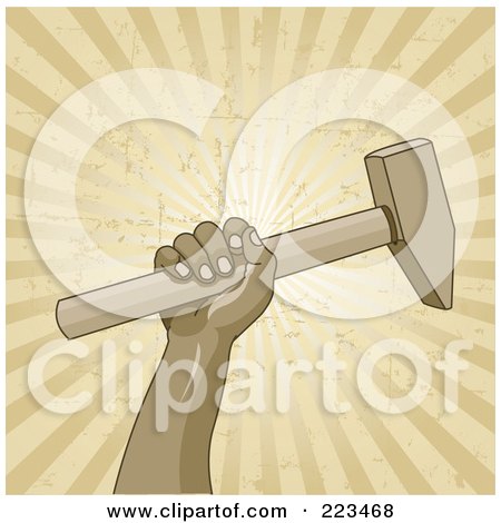 Royalty-Free (RF) Clipart Illustration of a Labor Worker Holding Up A Pick On A Grungy Beige Burst Background by Pushkin