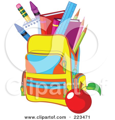 Royalty-Free (RF) Clipart Illustration of a Colorful School Bag With An Apple And Supplies by Pushkin
