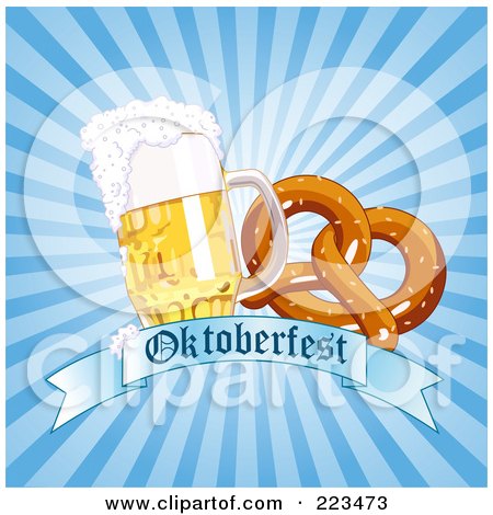 Royalty-Free (RF) Clipart Illustration of a Soft Pretzel And Beer Over An Oktoberfest Banner On A Blue Burst by Pushkin