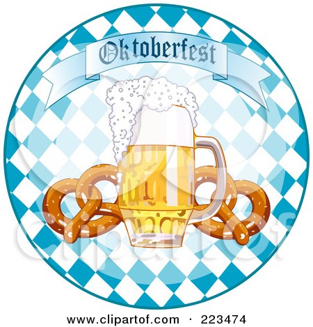 Royalty-Free (RF) Clipart Illustration of a Checkered Oktoberfest Circle With Soft Pretzels And Beer by Pushkin