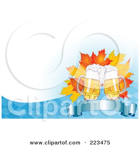 Royalty-Free (RF) Clipart Illustration of Oktoberfest Beer And Autumn Leaves Over A Blank Banner On A Blue And White Checkered Background by Pushkin