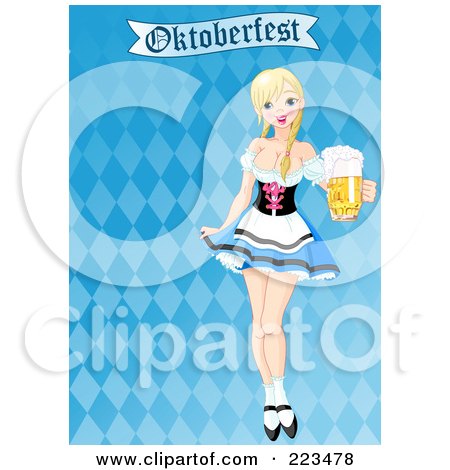 Royalty-Free (RF) Clipart Illustration of a Sexy Beer Maiden Serving Oktoberfest Beer On A Checkered Background by Pushkin