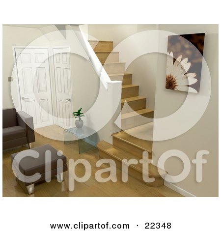 Clipart Illustration of a Chair And Ottoman Near A Plant On A Glass Table And Two Doors At The Base Of Stairs In A Living Room In A Modern Home by KJ Pargeter