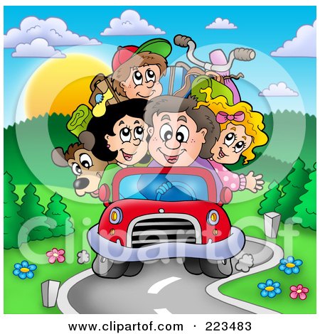 Royalty-Free (RF) Clipart Illustration of a Car Packed Full Of Family Members Driving On Vacation by visekart