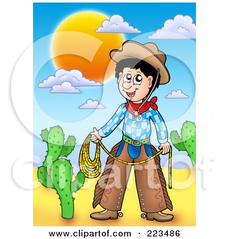 Royalty-Free (RF) Clipart Illustration of a Western Cowboy Holding A Lasso In A Desert by visekart