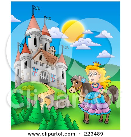 Royalty-Free (RF) Clipart Illustration of a Princess On Her Horse Near A Castle by visekart