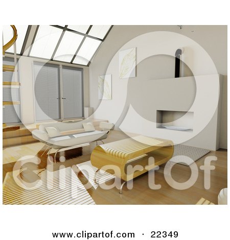Clipart Illustration of a Wood Coffee Table And A Beige Sofa In Front Of A Fireplace On Wood Flooring Under Sky Lights In A Living Room In A Modern Home by KJ Pargeter