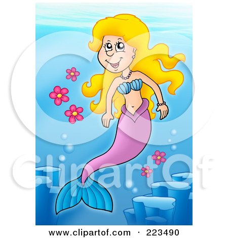 Royalty-Free (RF) Clipart Illustration of a Blond Mermaid Swimming With Flowers by visekart