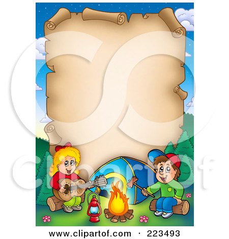 Royalty-Free (RF) Clipart Illustration of a Vertical Aged Parchment Page With Campers by visekart