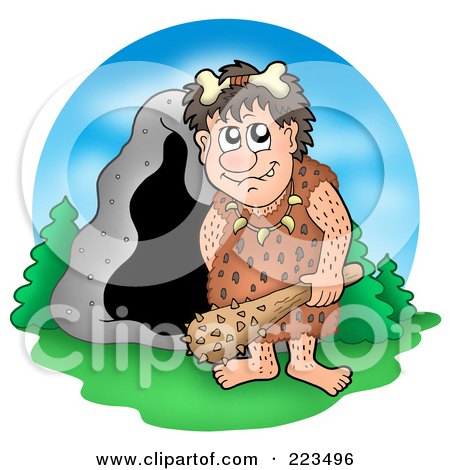 Royalty-Free (RF) Clipart Illustration of a Cave Man Holding A Club By A Cave by visekart