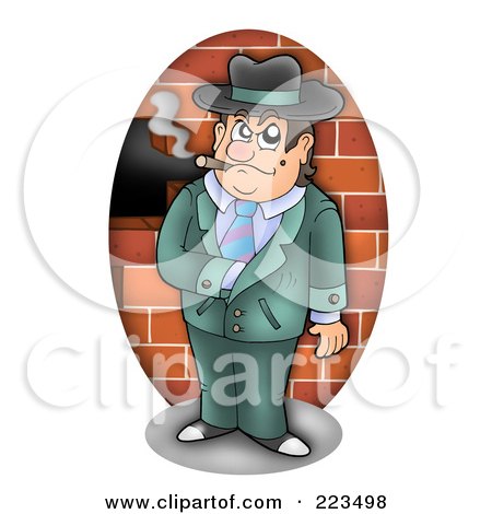 Royalty-Free (RF) Clipart Illustration of a Mobster Reaching Into His Jacket Against A Brick Wall by visekart
