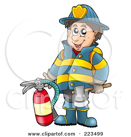 Royalty-Free (RF) Clipart Illustration of a Fireman Holding An Extinguisher by visekart