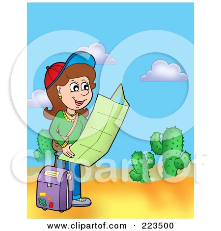 Royalty-Free (RF) Clipart Illustration of a Girl Reading A Map In The Desert by visekart
