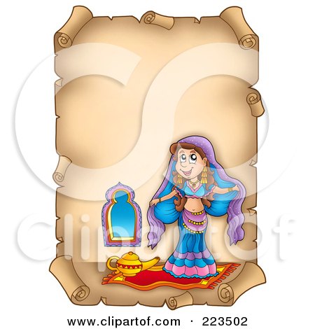 Royalty-Free (RF) Clipart Illustration of a Vertical Aged Parchment Page With A Belly Dancer by visekart