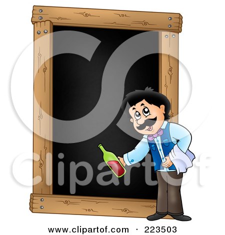 Royalty-Free (RF) Clipart Illustration of a Waiter Serving Wine Over A Black Board by visekart