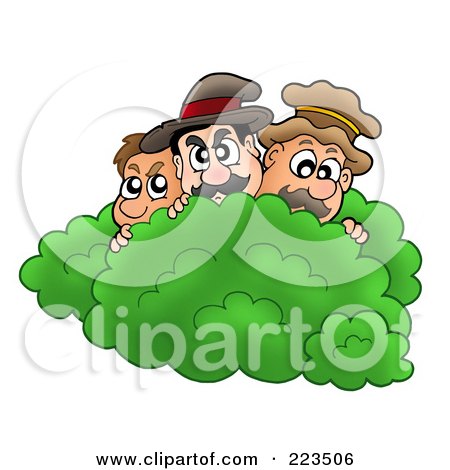 Royalty-Free (RF) Clipart Illustration of Three Men Peeking Over A Bush by visekart
